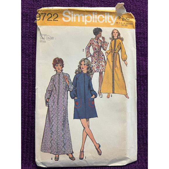 Simplicity 9722 Pattern house coat robe 1970s size 16 - Picture 1 of 6
